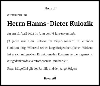 Anzeige von Hanns-Dieter Kulozik von Kölner Stadt-Anzeiger / Kölnische Rundschau / Express