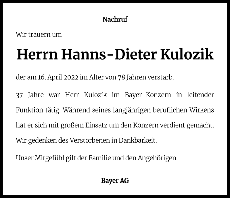  Traueranzeige für Hanns-Dieter Kulozik vom 28.04.2022 aus Kölner Stadt-Anzeiger / Kölnische Rundschau / Express