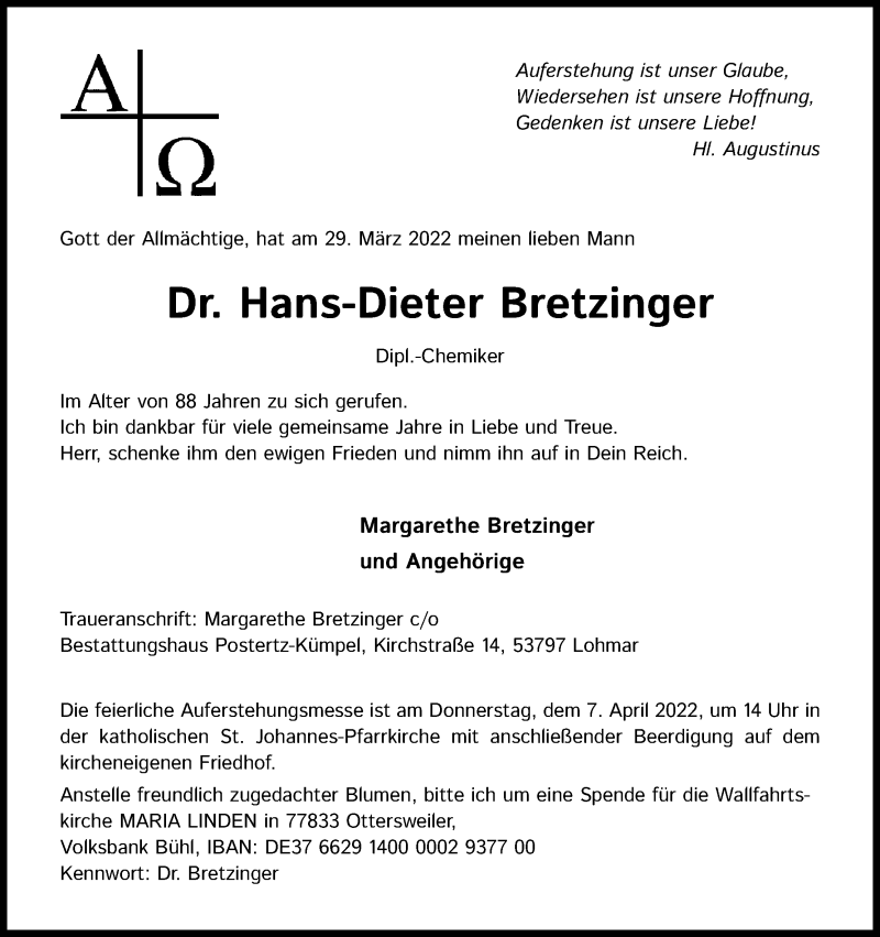  Traueranzeige für Hans-Dieter Bretzinger vom 02.04.2022 aus Kölner Stadt-Anzeiger / Kölnische Rundschau / Express