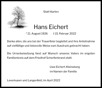 Anzeige von Hans Eichert von Kölner Stadt-Anzeiger / Kölnische Rundschau / Express