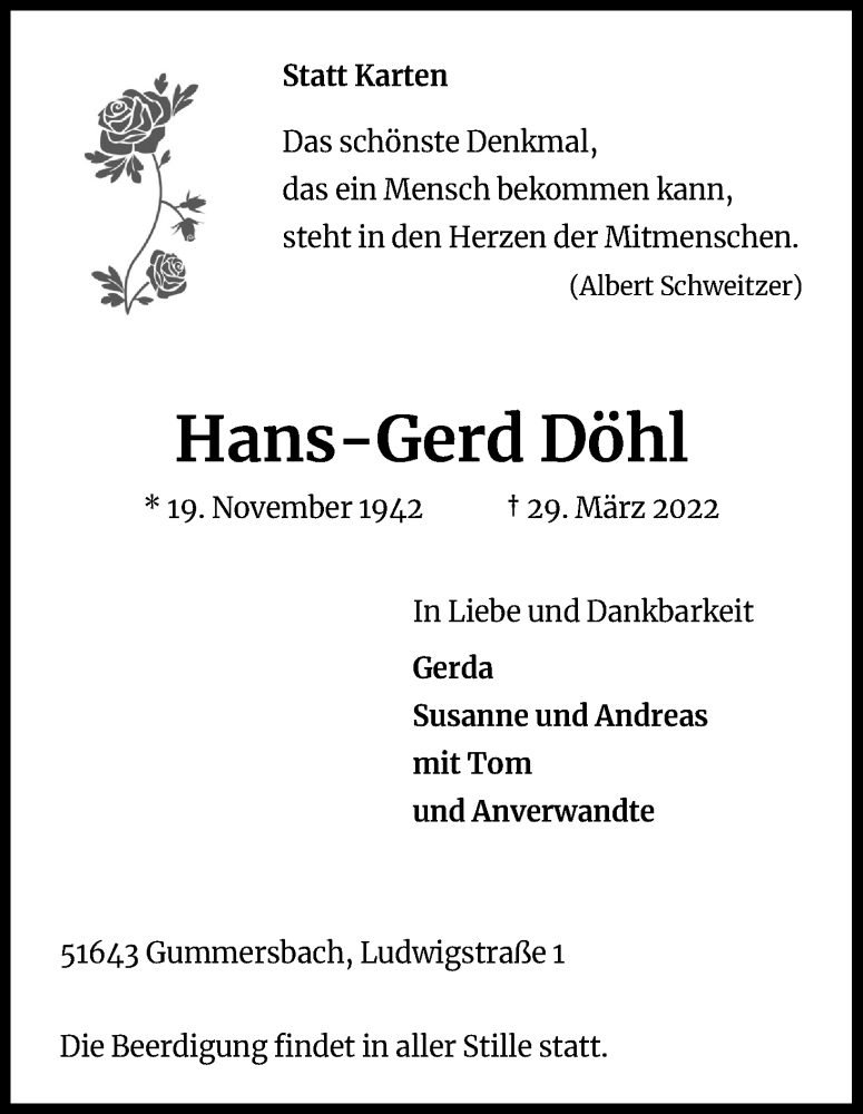  Traueranzeige für Hans-Gerd Döhl vom 02.04.2022 aus Kölner Stadt-Anzeiger / Kölnische Rundschau / Express