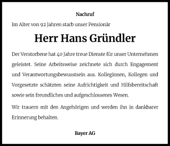 Anzeige von Hans Gründler von Kölner Stadt-Anzeiger / Kölnische Rundschau / Express