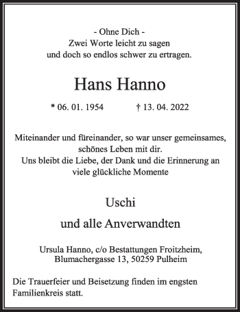 Anzeige von Hans Hanno von  Wochenende 