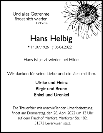Anzeige von Hans Helbig von Kölner Stadt-Anzeiger / Kölnische Rundschau / Express