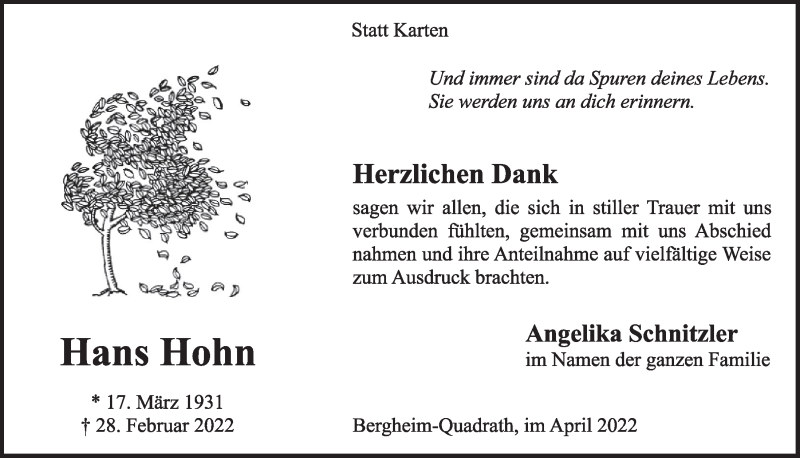  Traueranzeige für Hans Hohn vom 08.04.2022 aus  Werbepost 