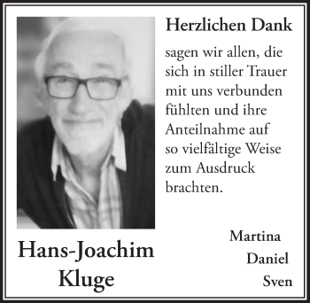 Anzeige von Hans-Joachim Kluge von  Bergisches Handelsblatt 