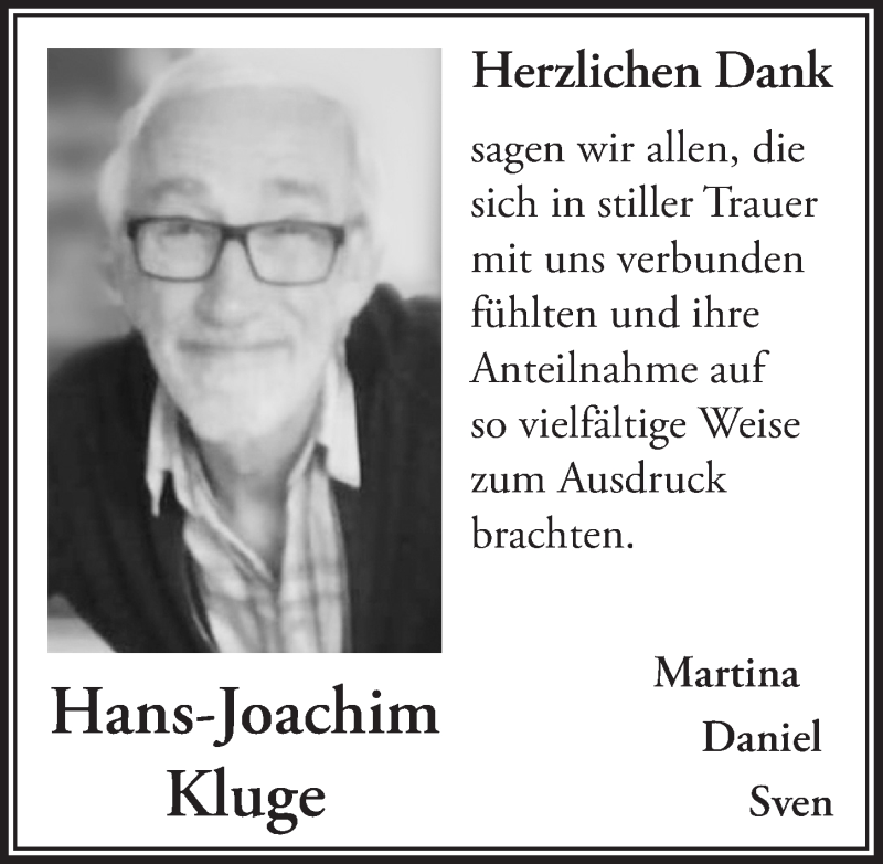  Traueranzeige für Hans-Joachim Kluge vom 08.04.2022 aus  Bergisches Handelsblatt 