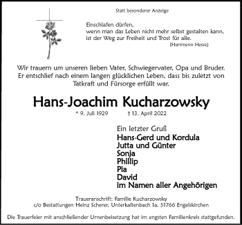 Anzeige von Hans-Joachim Kucharzowsky von  Anzeigen Echo 