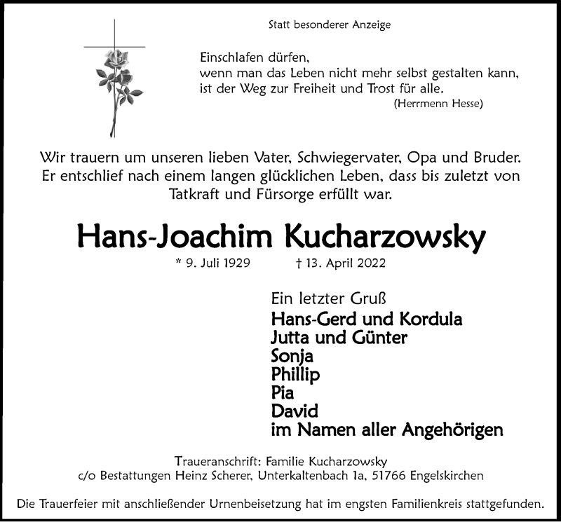  Traueranzeige für Hans-Joachim Kucharzowsky vom 29.04.2022 aus  Anzeigen Echo 