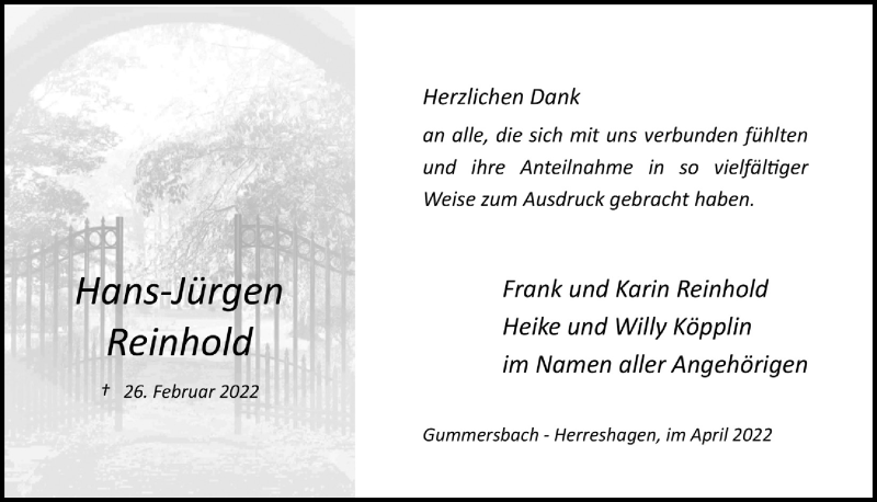  Traueranzeige für Hans-Jürgen Reinhold vom 22.04.2022 aus  Anzeigen Echo 