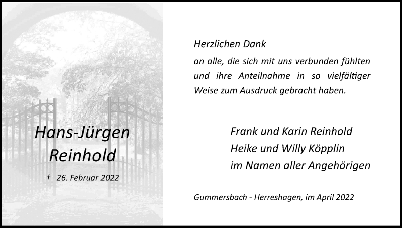 Traueranzeige für Hans-Jürgen Reinhold vom 22.04.2022 aus Kölner Stadt-Anzeiger / Kölnische Rundschau / Express
