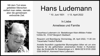 Anzeige von Hans Ludemann von Kölner Stadt-Anzeiger / Kölnische Rundschau / Express