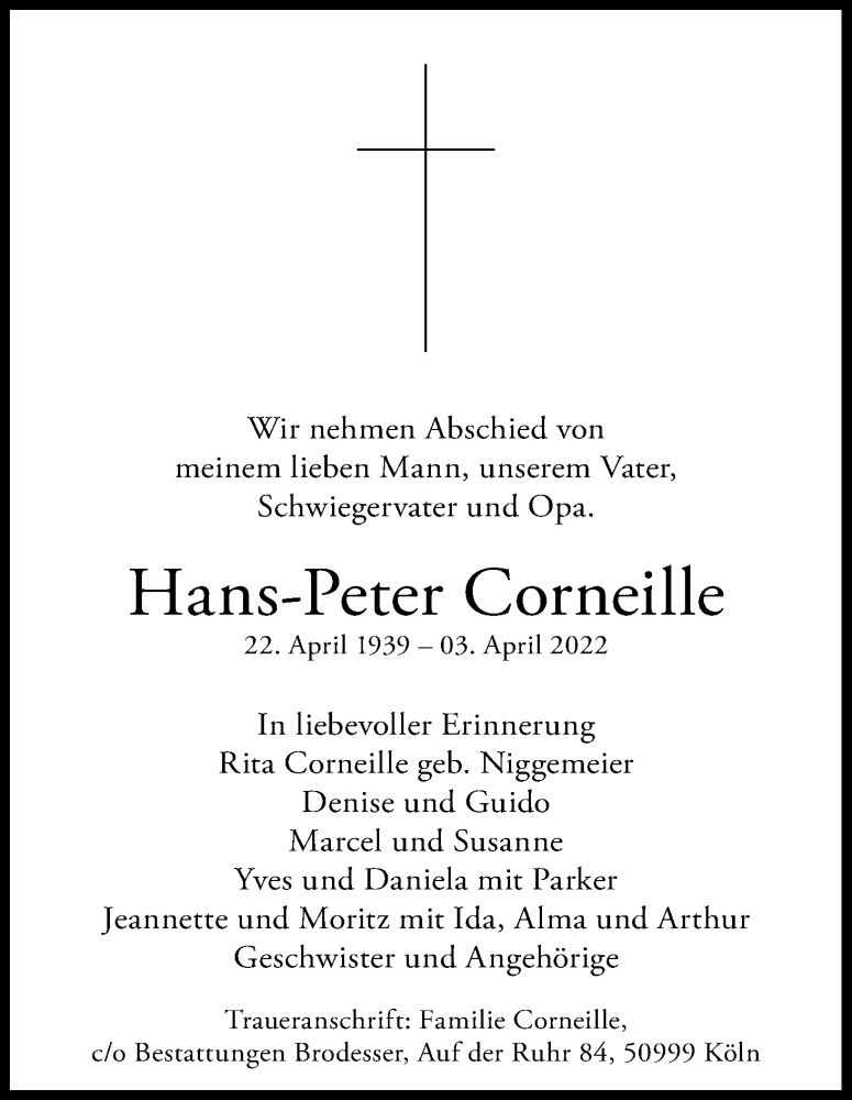  Traueranzeige für Hans-Peter Corneille vom 09.04.2022 aus Kölner Stadt-Anzeiger / Kölnische Rundschau / Express