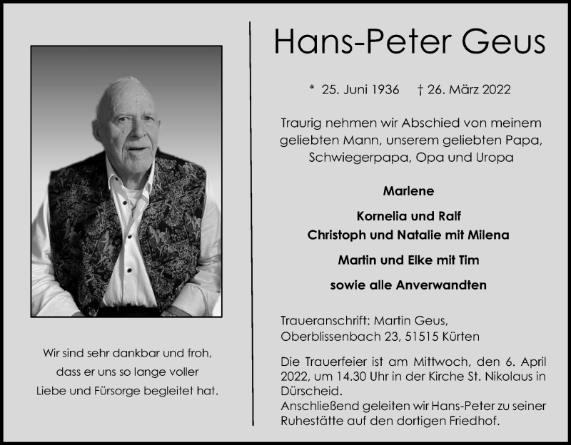  Traueranzeige für Hans-Peter Geus vom 02.04.2022 aus Kölner Stadt-Anzeiger / Kölnische Rundschau / Express