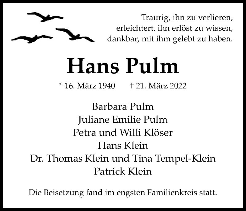  Traueranzeige für Hans Pulm vom 09.04.2022 aus Kölner Stadt-Anzeiger / Kölnische Rundschau / Express