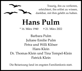 Anzeige von Hans Pulm von Kölner Stadt-Anzeiger / Kölnische Rundschau / Express