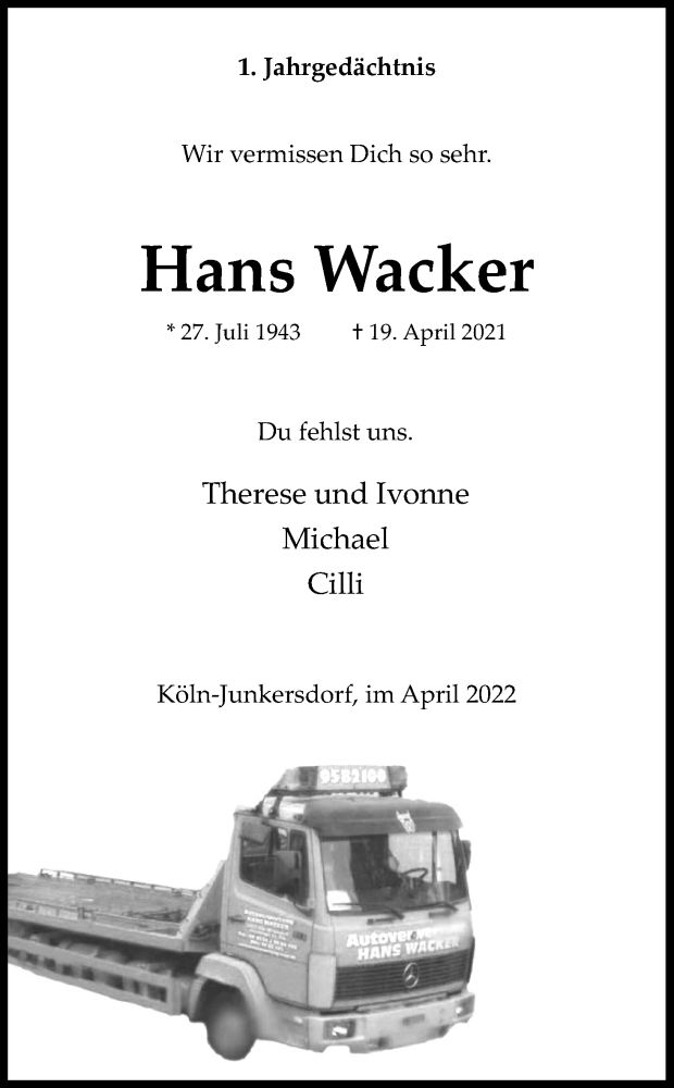  Traueranzeige für Hans Wacker vom 16.04.2022 aus Kölner Stadt-Anzeiger / Kölnische Rundschau / Express