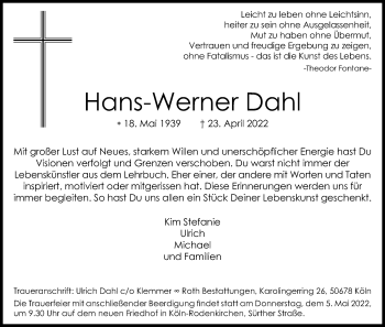Anzeige von Hans-Werner Dahl von Kölner Stadt-Anzeiger / Kölnische Rundschau / Express