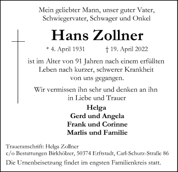 Anzeige von Hans Zollner von Kölner Stadt-Anzeiger / Kölnische Rundschau / Express