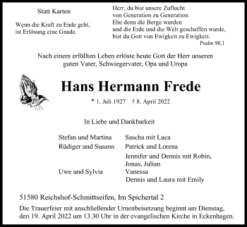 Anzeige von Hans Hermann Frede von Kölner Stadt-Anzeiger / Kölnische Rundschau / Express