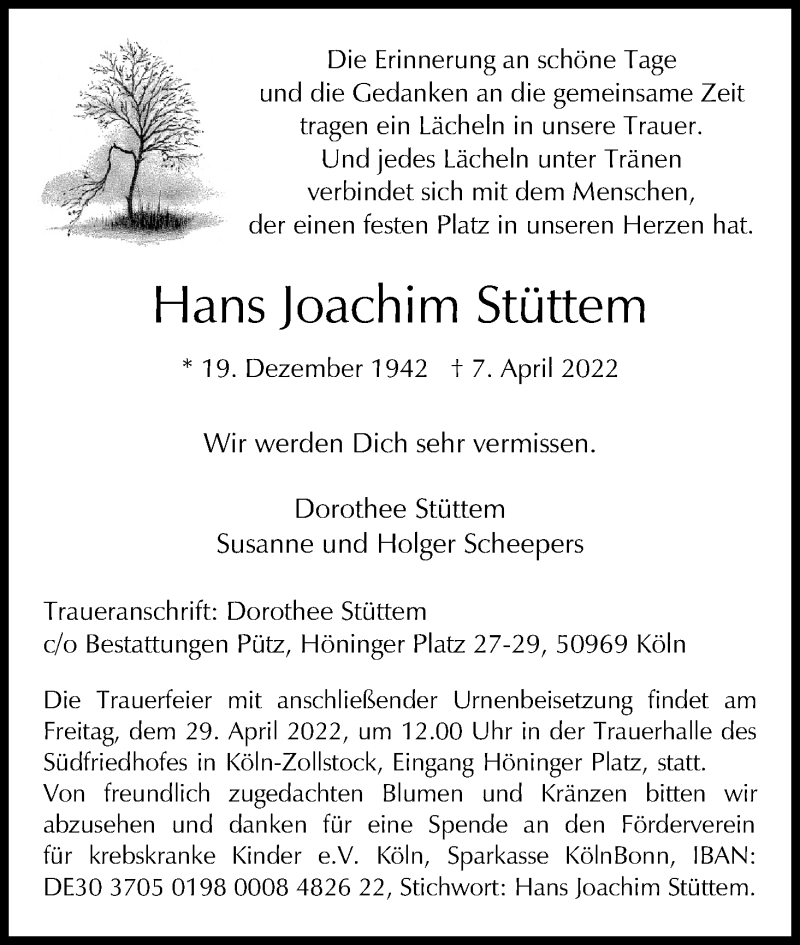  Traueranzeige für Hans Joachim Stüttem vom 23.04.2022 aus Kölner Stadt-Anzeiger / Kölnische Rundschau / Express