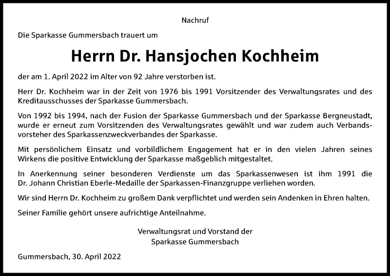  Traueranzeige für Hansjochen Kochheim vom 30.04.2022 aus Kölner Stadt-Anzeiger / Kölnische Rundschau / Express