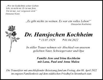 Anzeige von Hansjochen Kochheim von Kölner Stadt-Anzeiger / Kölnische Rundschau / Express