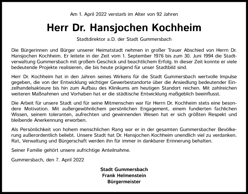  Traueranzeige für Hansjochen Kochheim vom 09.04.2022 aus Kölner Stadt-Anzeiger / Kölnische Rundschau / Express