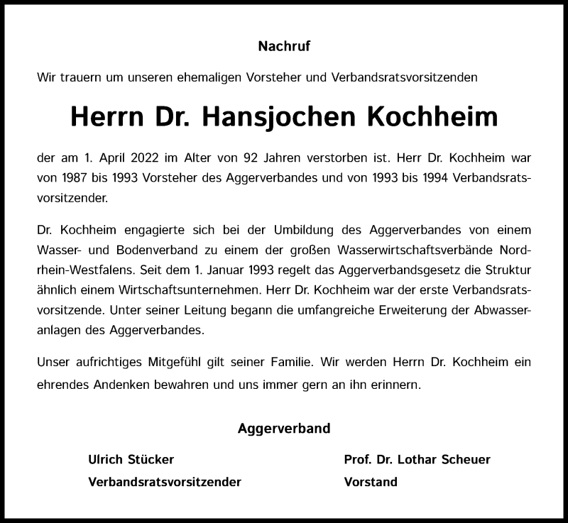  Traueranzeige für Hansjochen Kochheim vom 13.04.2022 aus Kölner Stadt-Anzeiger / Kölnische Rundschau / Express