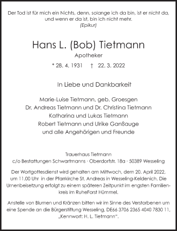 Anzeige von Hans L. Tietmann von  Schlossbote/Werbekurier 