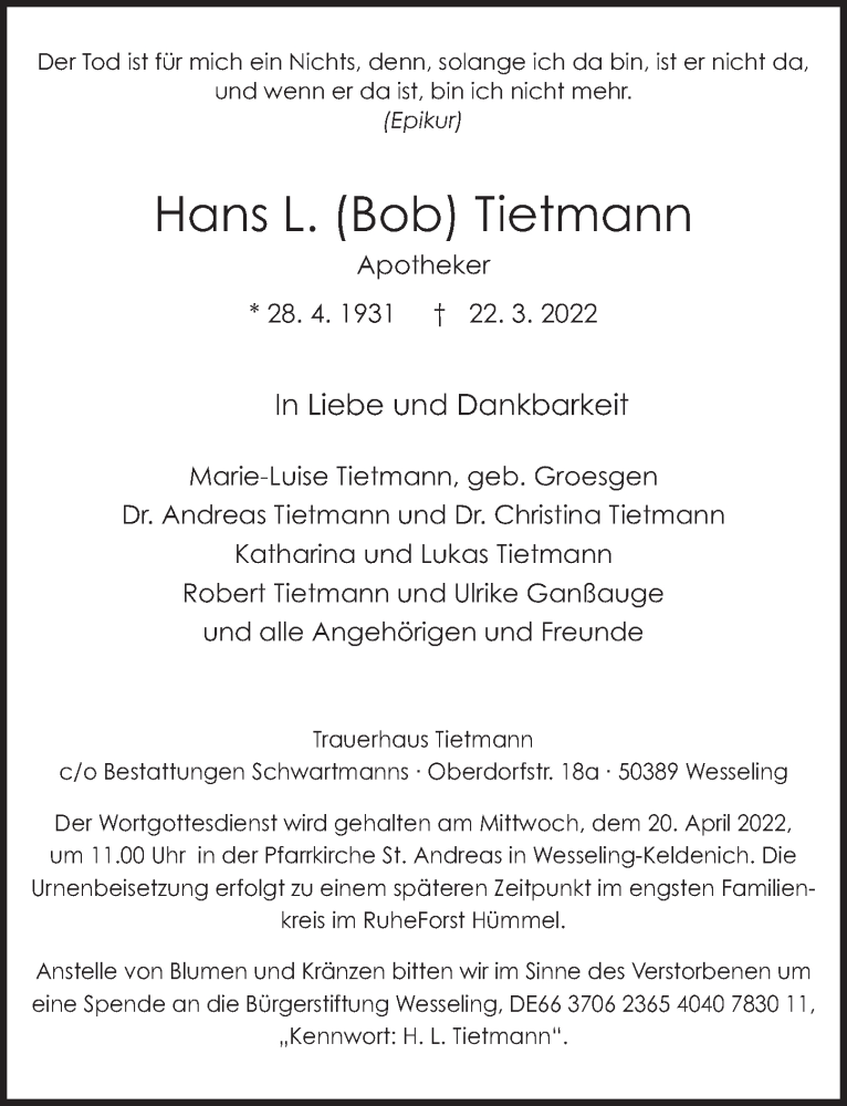  Traueranzeige für Hans L. Tietmann vom 14.04.2022 aus  Schlossbote/Werbekurier 