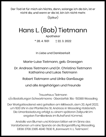 Anzeige von Hans L. Tietmann von Kölner Stadt-Anzeiger / Kölnische Rundschau / Express