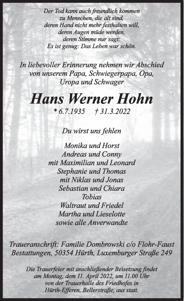  Traueranzeige für Hans Werner Hohn vom 08.04.2022 aus  Wochenende 