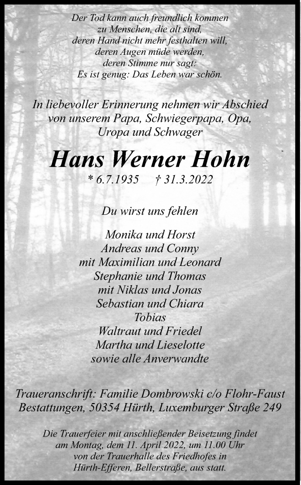  Traueranzeige für Hans Werner Hohn vom 09.04.2022 aus Kölner Stadt-Anzeiger / Kölnische Rundschau / Express