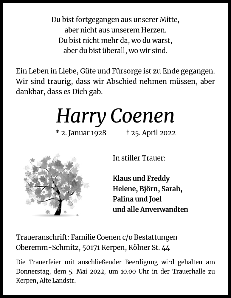  Traueranzeige für Harry Coenen vom 30.04.2022 aus Kölner Stadt-Anzeiger / Kölnische Rundschau / Express