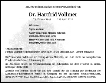 Anzeige von Hartfrid Vollmer von Kölner Stadt-Anzeiger / Kölnische Rundschau / Express