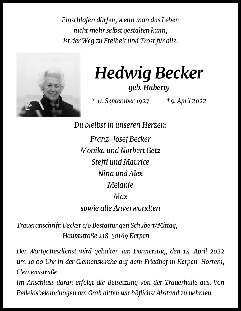  Traueranzeige für Hedwig Becker vom 14.04.2022 aus Kölner Stadt-Anzeiger / Kölnische Rundschau / Express