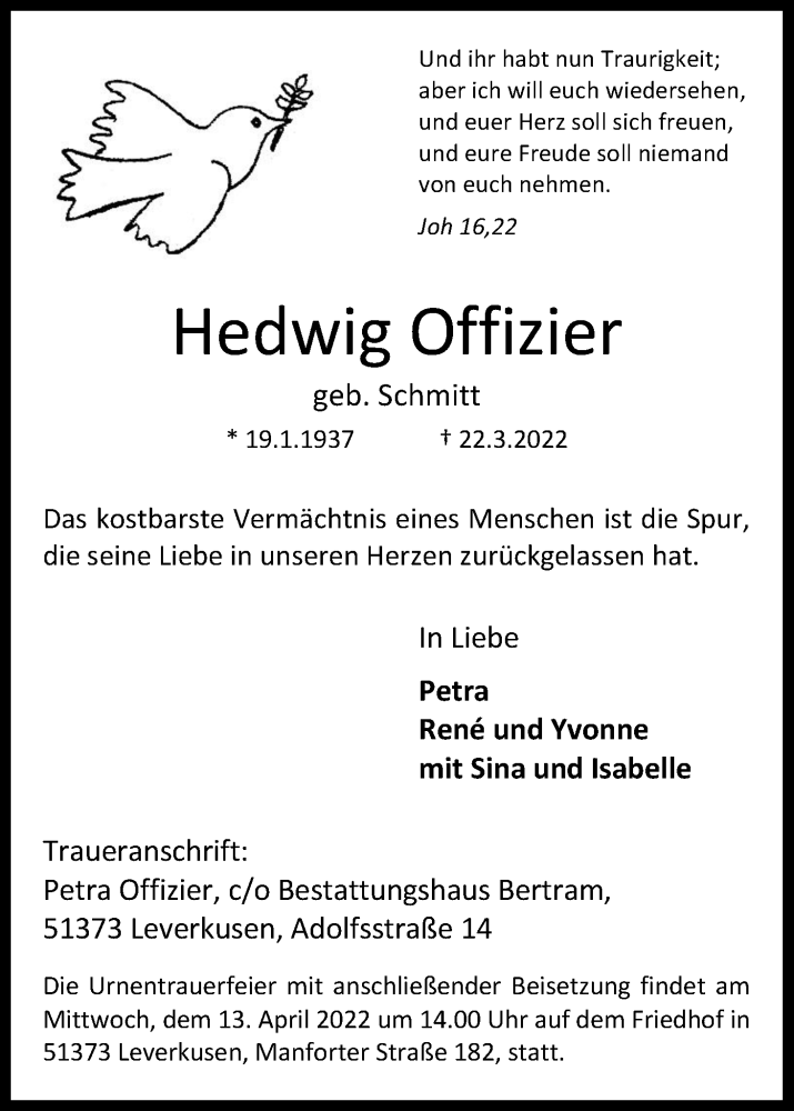  Traueranzeige für Hedwig Offizier vom 09.04.2022 aus Kölner Stadt-Anzeiger / Kölnische Rundschau / Express