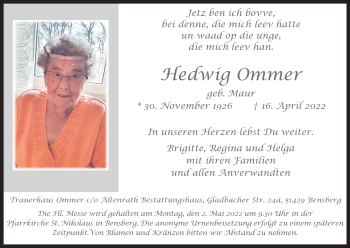 Anzeige von Hedwig Ommer von Kölner Stadt-Anzeiger / Kölnische Rundschau / Express