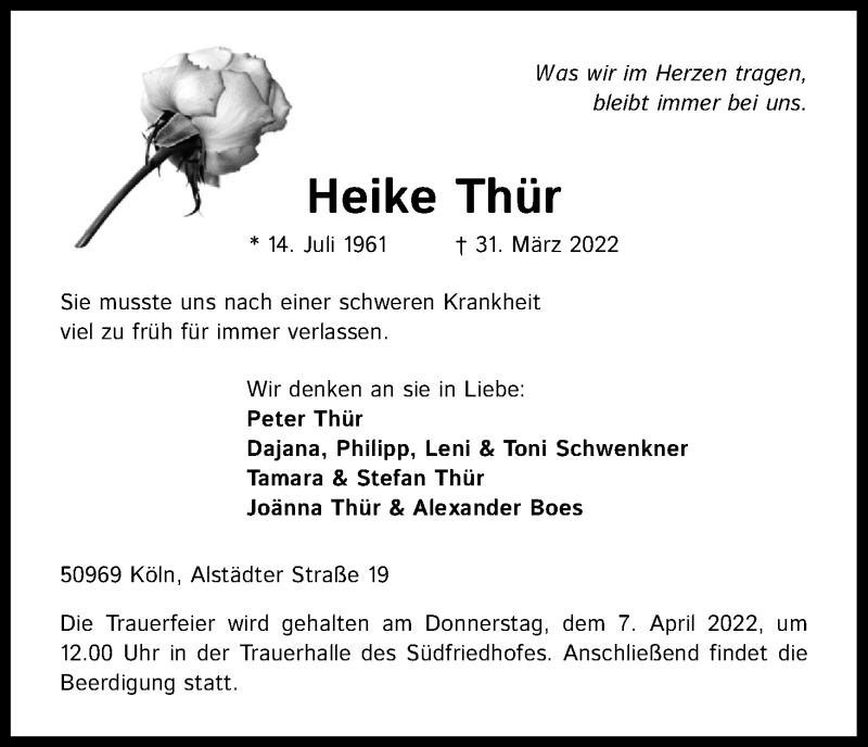  Traueranzeige für Heike Thür vom 06.04.2022 aus Kölner Stadt-Anzeiger / Kölnische Rundschau / Express