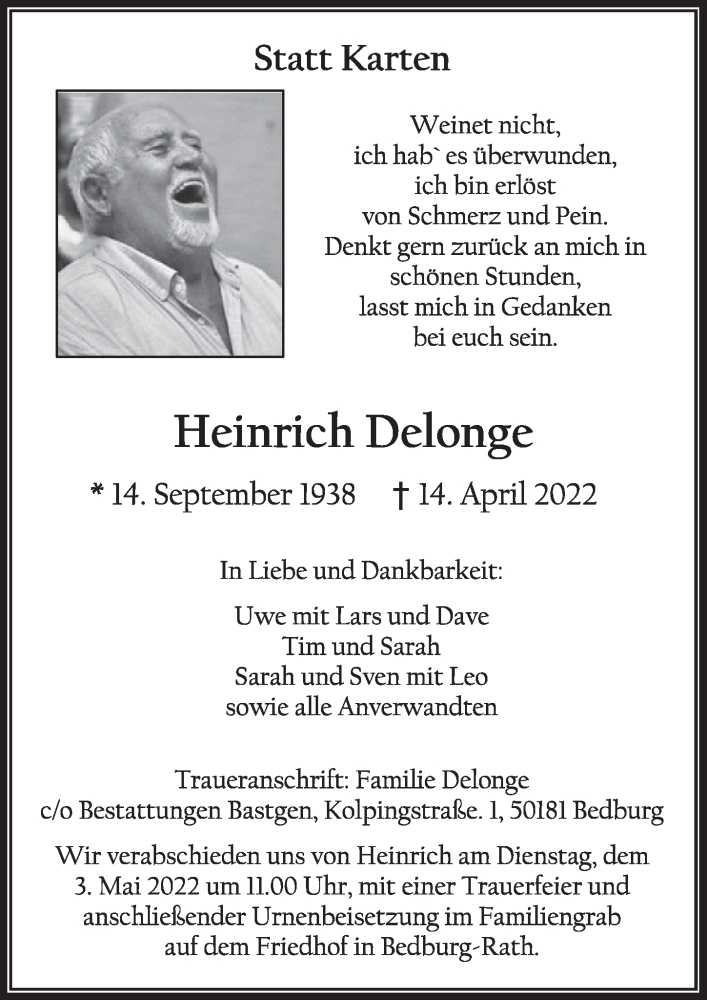  Traueranzeige für Heinrich Delonge vom 29.04.2022 aus  Werbepost 