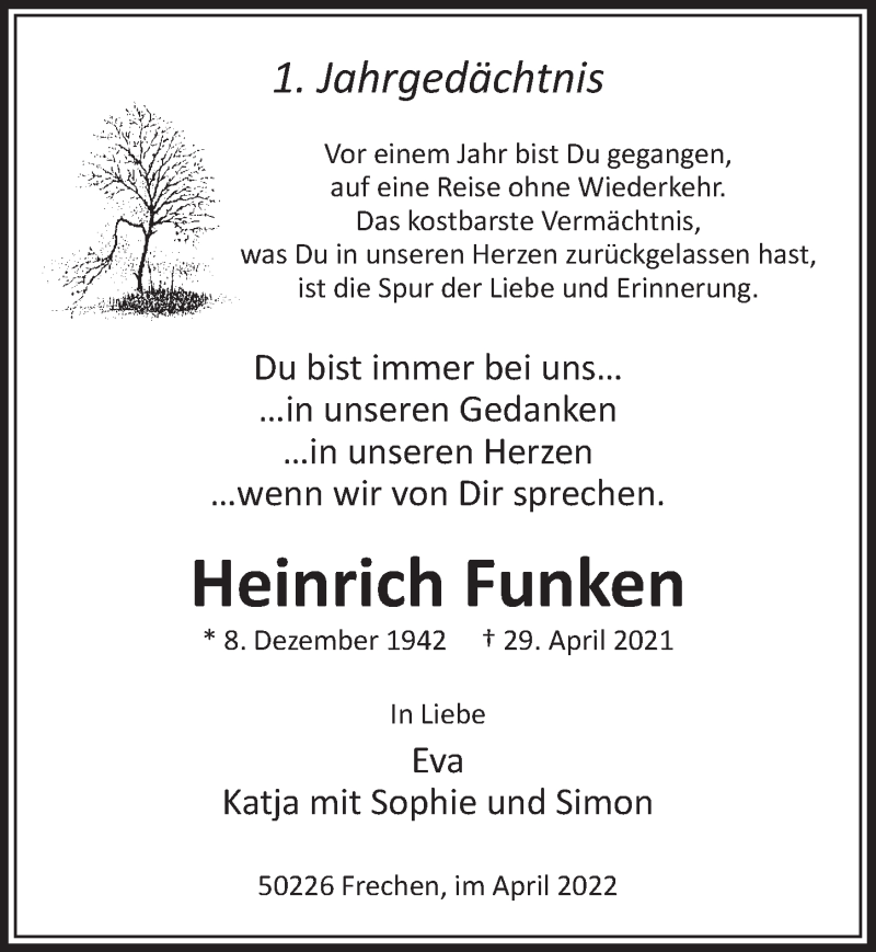  Traueranzeige für Heinrich Funken vom 29.04.2022 aus  Wochenende 