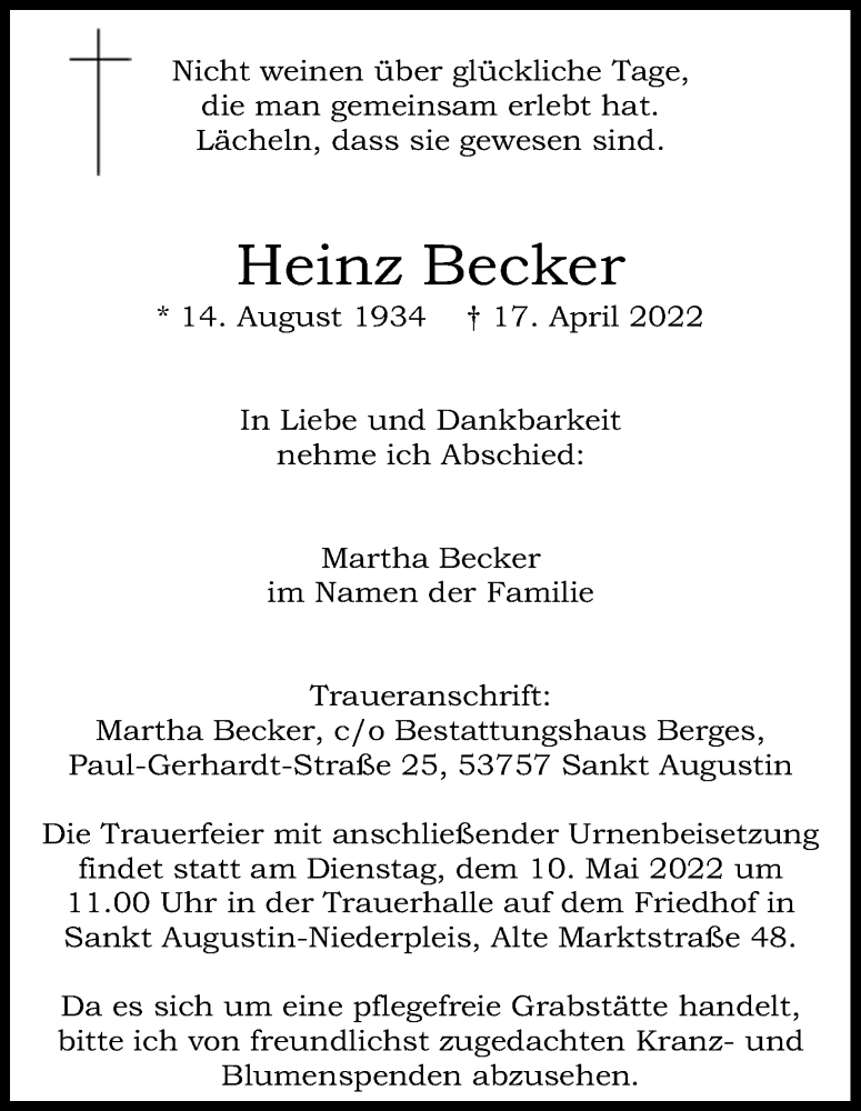  Traueranzeige für Heinz Becker vom 30.04.2022 aus Kölner Stadt-Anzeiger / Kölnische Rundschau / Express