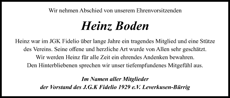  Traueranzeige für Heinz Boden vom 02.04.2022 aus Kölner Stadt-Anzeiger / Kölnische Rundschau / Express