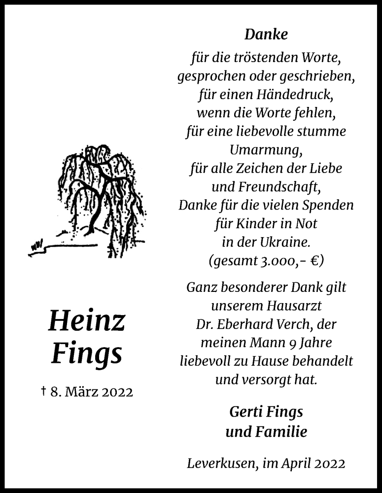  Traueranzeige für Heinz Fings vom 16.04.2022 aus Kölner Stadt-Anzeiger / Kölnische Rundschau / Express
