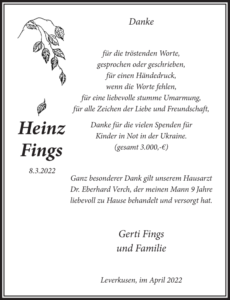  Traueranzeige für Heinz Fings vom 14.04.2022 aus  Lokale Informationen 