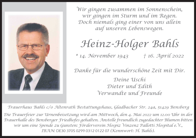  Traueranzeige für Heinz-Holger Bahls vom 23.04.2022 aus Kölner Stadt-Anzeiger / Kölnische Rundschau / Express