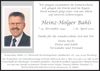 Anzeige von Heinz-Holger Bahls von Kölner Stadt-Anzeiger / Kölnische Rundschau / Express