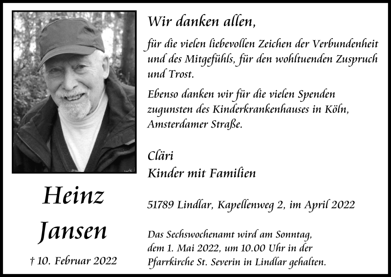  Traueranzeige für Heinz Jansen vom 23.04.2022 aus Kölner Stadt-Anzeiger / Kölnische Rundschau / Express