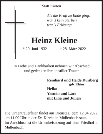 Anzeige von Heinz Kleine von  Anzeigen Echo 